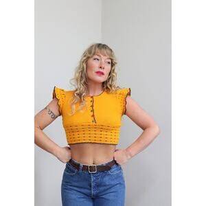 1970's Mustard Flutter Sleeve Knit Crop Shirt ~ Women's XXS to XS ~ Crop Top